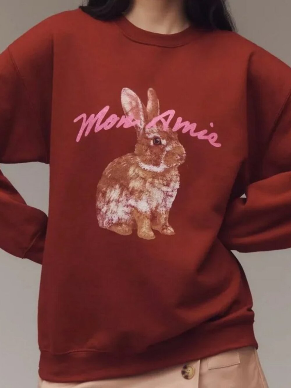 By Anthropologie Red Pullover Sweatshirt in Burgundy Bunny Rabbit Mon Amie L